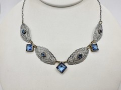 Victorian Art Deco White Metal Blue Glass Filigree Link Necklace Delicate Read