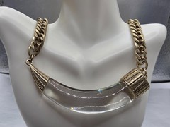 Vintage Jenny Bird Horn Clear Lucite Gold tone Chain Necklace 18″