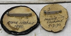 Signed Maria Cicchino 1990 Vintage 2 Pc Lot Fish & Face Painted Ceramic Brooches