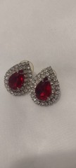 Vtg Red Ruby & Diamond Cubic Zirconia Rhinestone Earrings, Prong Set Silver Tone