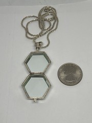 Vintage Aqua Hexagon Glass Locket Pendant Necklace 925 Sterling Silver 20”
