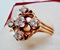 Antique 14K Gold & Five Diamond Ring – High Pierced Mount, 1.45 Carats, Sz. 7