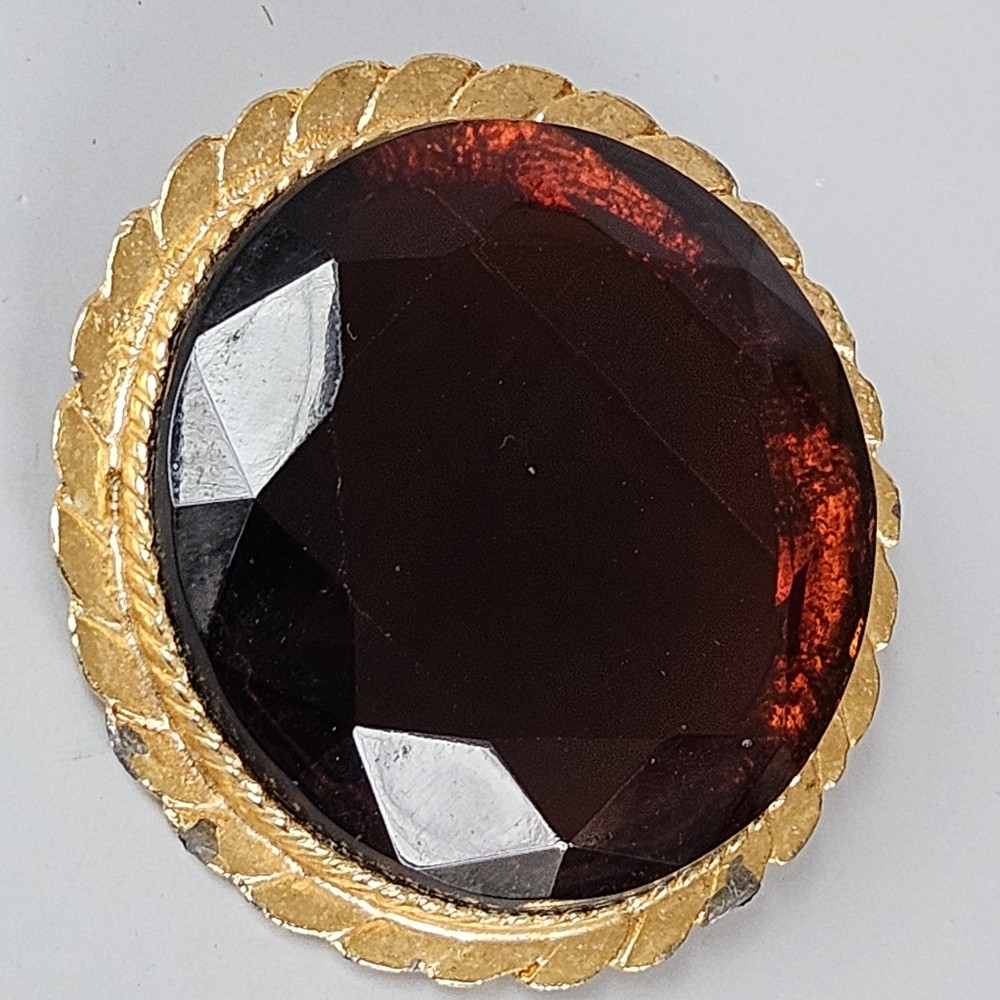 Vintage MCM Gold Tone Brooch Root Beer Glass Faceted Rhinestone Edwardian Style
