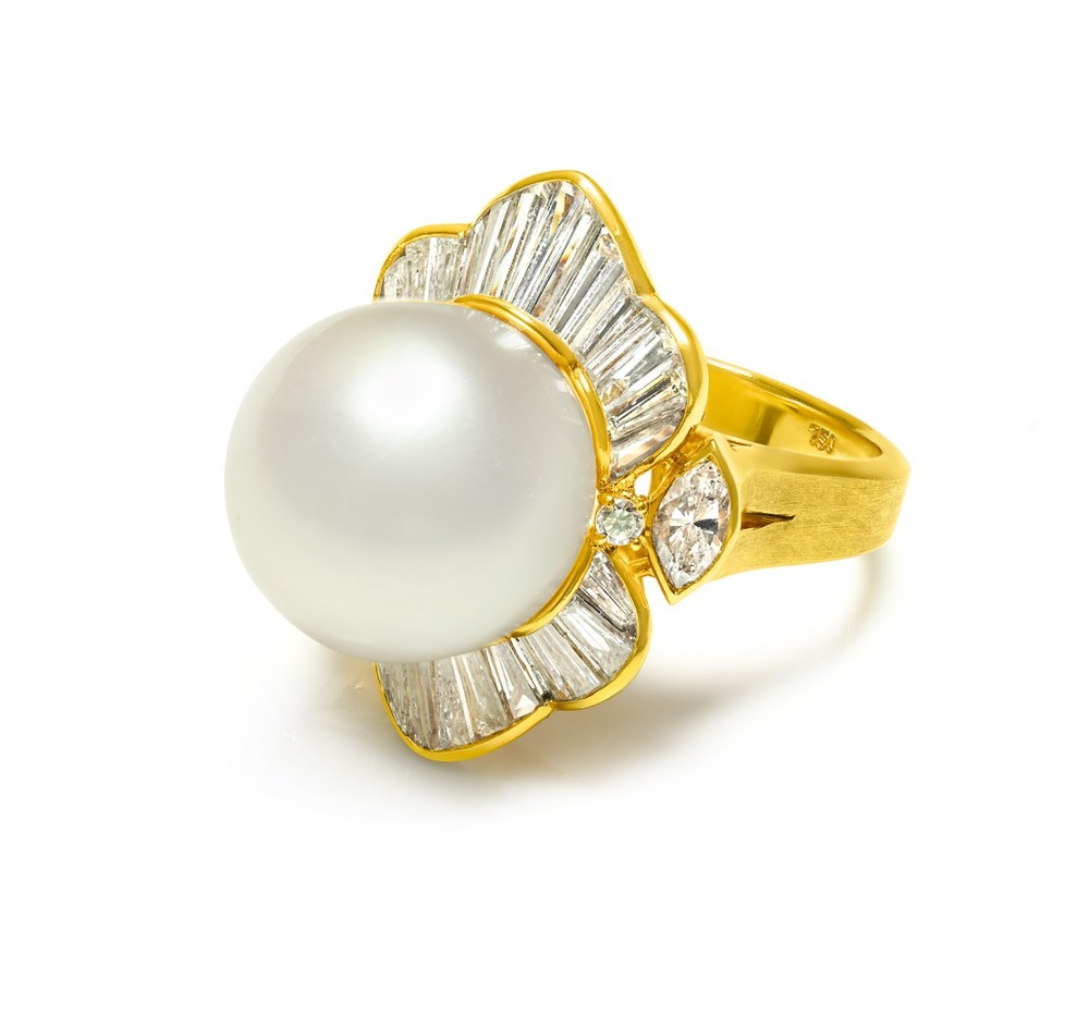 Vintage 18K Gold Pearl and Diamond Ring – Marquise Baguette Cuts