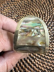 Vintage Mexico Alpaca Silver Abalone Mother of Pearl Floral Inlay Cuff Bracelet