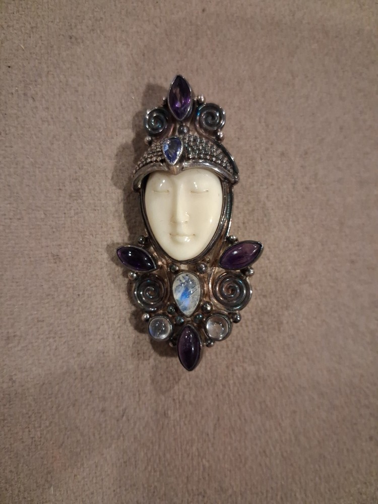 Sajen Sterling Silver Goddess Face Brooch Pendant – 925 – Multi-Gemstone