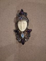 Sajen Sterling Silver Goddess Face Brooch Pendant – 925 – Multi-Gemstone