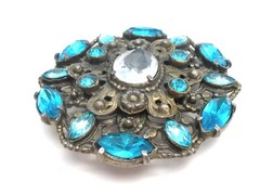 Large Round Blue Rhinestone Brooch Vintage Pin Prong Set Stones Jewelry