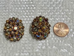 Vintage Clip Earrings Signed Pat Pend Dome Cluster Prong Set Topaz AB Rhinestone