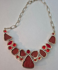 Vintage Coral & Rhinestone Necklace in Heavy Bezeled Sterling 3.1 oz. 20″