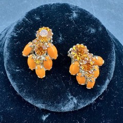 Vintage WEISS Bright Orange Rhinestone Brooch & Clip-on Earrings Jewelry Set