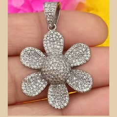 33ct 1Pc Pave Diamond Flower Pendant- 925 Sterling Silver -27mmx24mm d6