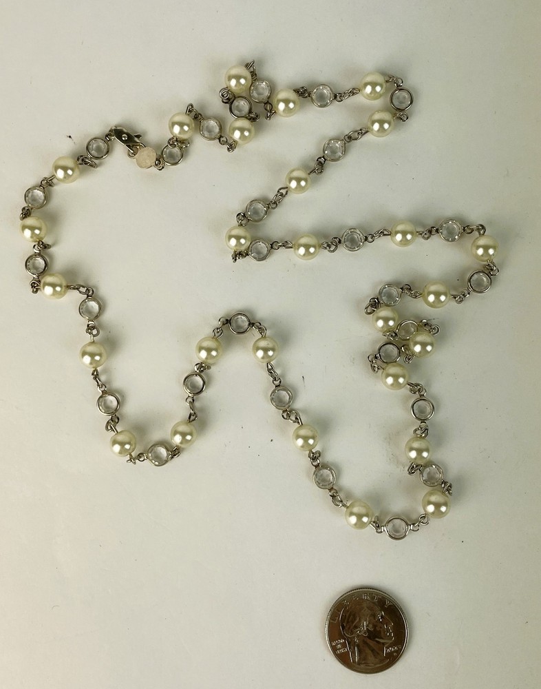 VTG 1960s AUSTRIAN White/Clear Crystal Bezel Set Faux Pearl Necklace 35 in USA