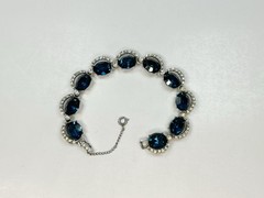 Vintage Blue Crystal and Clear Rhinestone Bracelet Silver Tone Fold-over Clasp