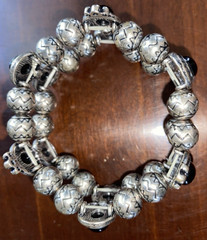 Vintage Faux Pearl Black & Silver Tone Stretch Cuff Beaded Bracelets Lot of 3