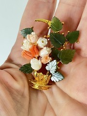Vtg Signed SWOBODA Flower Basket Pin Brooch w/ Carved Natural Coral and Jade