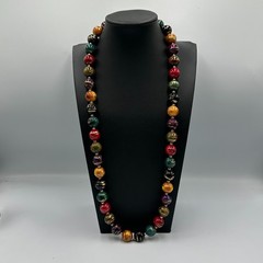 Vintage Wooden Bead Necklace Colorful Hand Painted Gold Accents Boho Artsy 30in