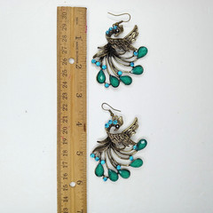 Boho Antique-Bronze Peacock Dangle Statement Earrings Turquoise Rhinestone Drops