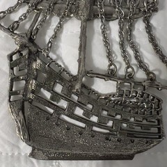 Vintage Sailing Ship Necklace Silver Tone Nautical Pendant 60s 70s