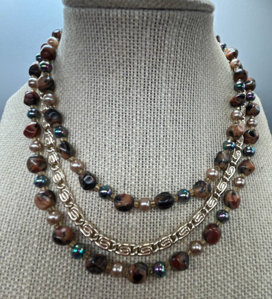 multi-strand faux pearl browns black, gold-toned beaded necklace Japan 16″ bl03