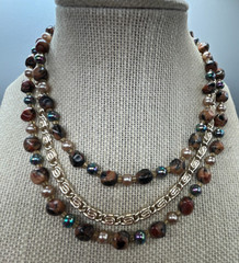 multi-strand faux pearl browns black, gold-toned beaded necklace Japan 16″ bl03