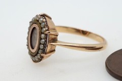 ANTIQUE ENGLISH 15K GOLD SEED PEARL HAIR LOCKET MOURNING RING c1880