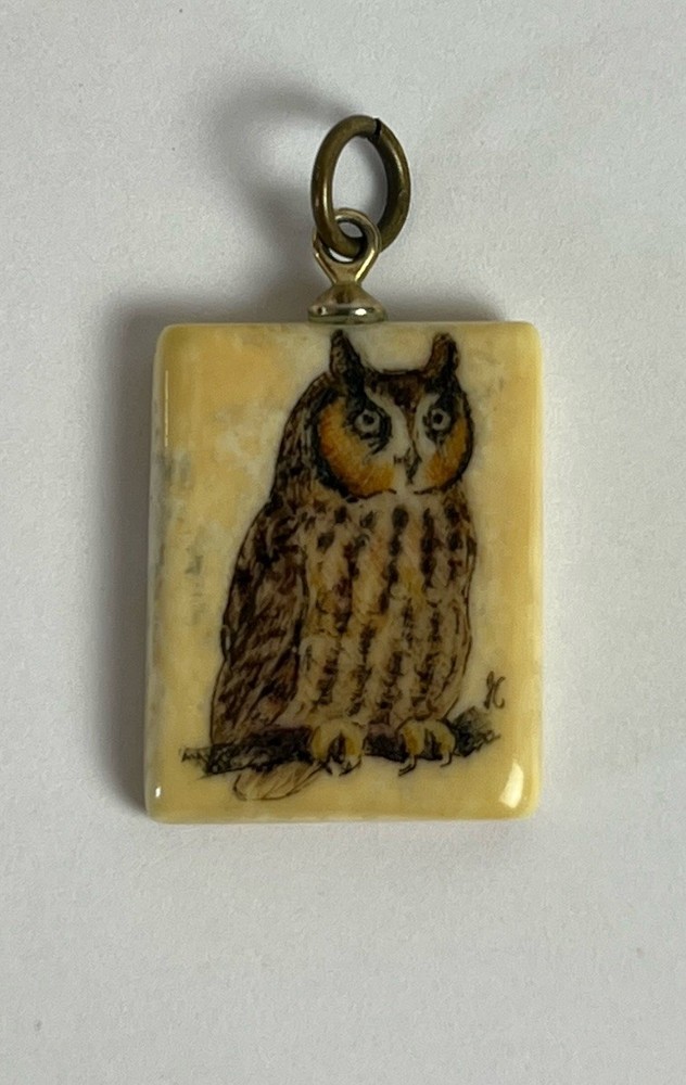 Vintage Hand Made Etched Great Horned Owl Pendent Ceramic Charm .5 Inches