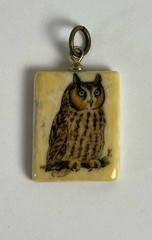 Vintage Hand Made Etched Great Horned Owl Pendent Ceramic Charm .5 Inches