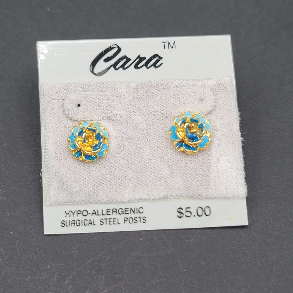 Vintage Cara Blue Enamel Flower Studs Pierced Earrings New Old Stock NOS 3/8″