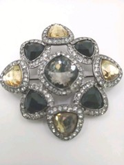 Vintage Style Premiere Design Brooch Black Topaz Glass Art Deco Pin 2 1/2 in D
