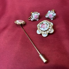 Vintage Guilloché Floral Jewelry Set Brooch Earrings Stick Pin