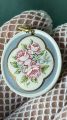 Vintage Avon 1989 Porcelain Floral Pendant Pink Roses Gold Accent 1.25”