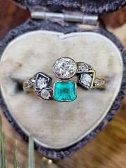 Art Deco Style Green Emerald & Lab-Grown Diamond Engagement Ring in 14K Gold FN