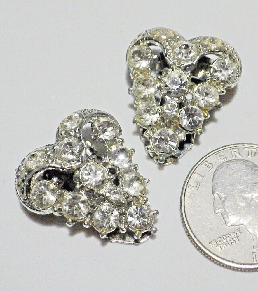 Unusual Pair Vintage Silver Plated Pot Metal Openwork Rhinestone Dress Clips 1″