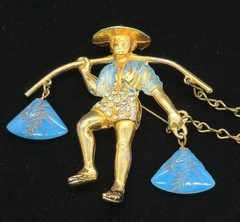 Vtg Asian Man Carrying Pole Water Waterboy Molded Blue Glass Stone Brooch Pin