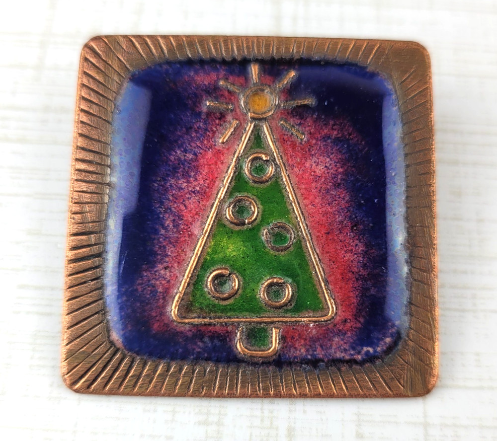 Enamel Christmas Tree Brooch Square Copper Colored Metal Textured
