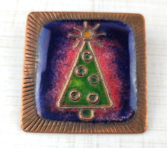 Enamel Christmas Tree Brooch Square Copper Colored Metal Textured