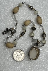 Vintage Natural Gemstone Beige Wood Bead Necklace MOP Pendant 16”