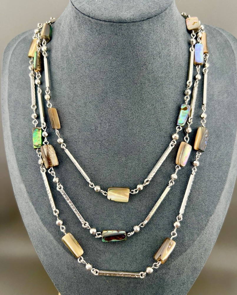 Vintage Cookie Lee Necklace Abalone Shell Layered Mermaidcore Silver Tone 19”