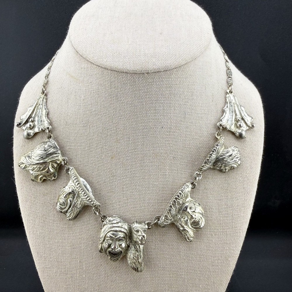 Vintage Peruvian Art Necklace Faces Figural Silver Tone 16”