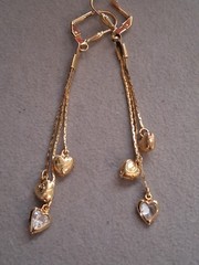 Puffy hearts & crystal bezel-set heart tassel earrings, multi chain, cascading
