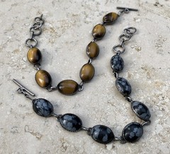 🐯🖤 ✨VINTAGE STERLING SILVER TIGER’S EYE OBSIDIAN Toggle Bracelet Set LOT ✨🖤🐯