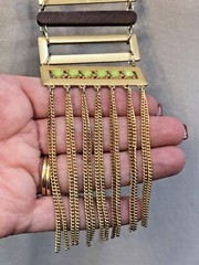 Unique Statement Gold Tone Necklace with Pendant Wood Rhinestone Dangle Boho Art