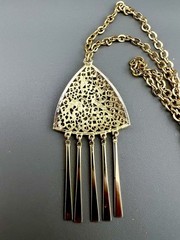 Vintage Boho Necklace Filigree Geometric Pendant Bar Tassel Fringe Gold Tone 27”