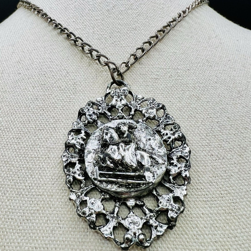 Vintage Pot Metal Horse Medallion Necklace Equestrian Gothic Large Statement