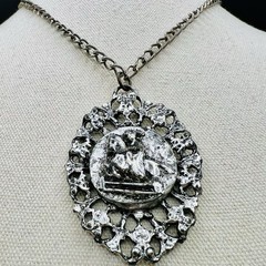 Vintage Pot Metal Horse Medallion Necklace Equestrian Gothic Large Statement