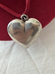 Vintage Big Sterling Silver Large Puffy Heart Pendant Chunky on Silk Cord