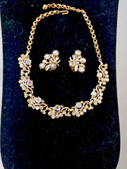 Aurora Borealis Set Necklace Clip On Earrings Rhinestone Vintage Demi