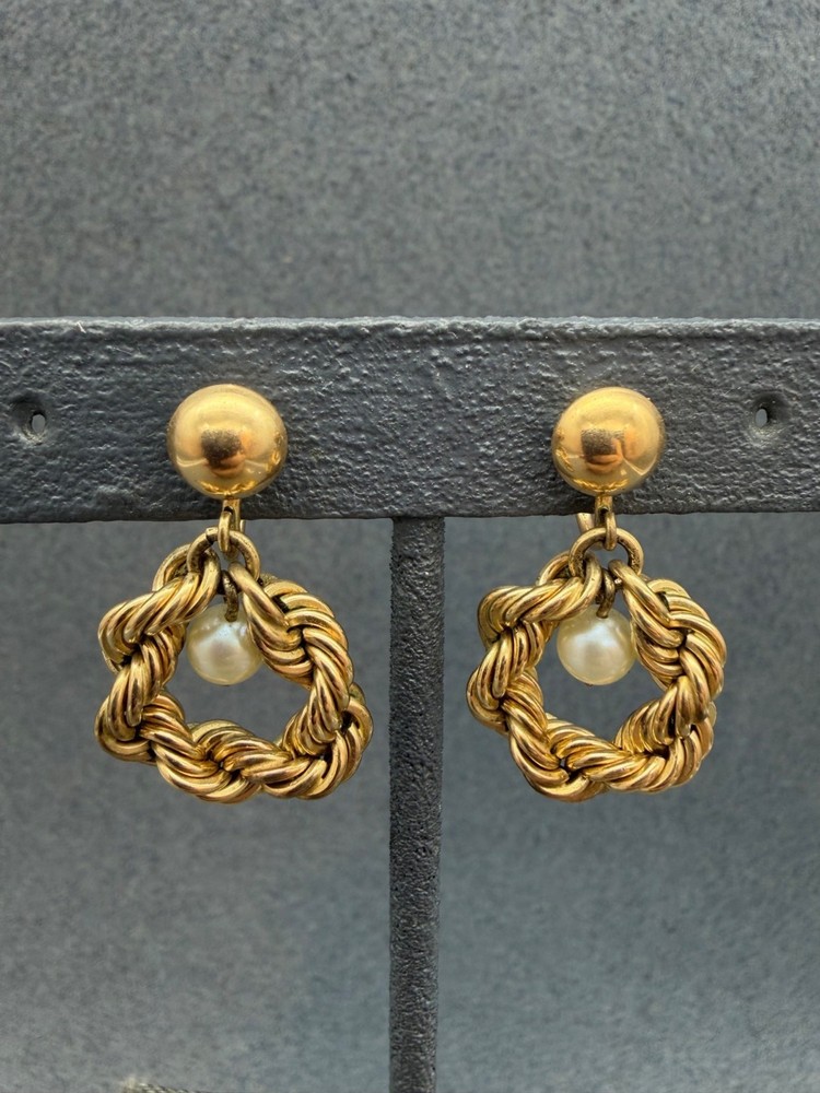 Vintage Braided Rope Clip On Earrings 1.5 In As Is Gold Pearl Twist Dangle Green