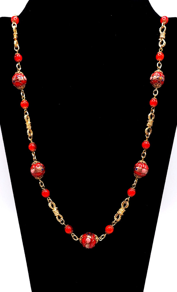 Rare Venetian Wedding Cake Bead Necklace Red Murano Glass Vintage 33in